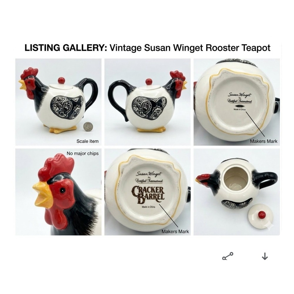 Susan Winget Certified International Rooster Teapot Cracker Barrel Black White